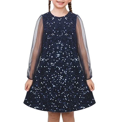 Image of Girls Dress Blue Sequin Sheer Mesh Long Sleeve Princess Party Ball Gown Age 10 Years
