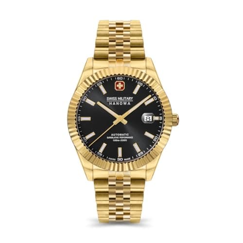 Image of Swiss Military Hanowa SMWGL0002110 Men's Analogue Swiss Automatic Movement Watch with Stainless Steel Strap, Gold-Black, Standard Size, Bracelet