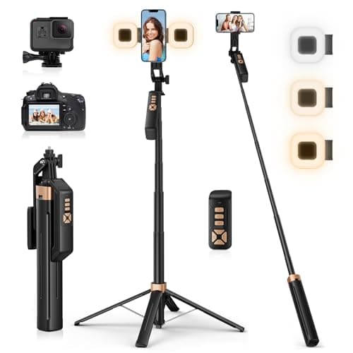 Image of Avaspot 180CM Phone Tripod with 2 Fill Lights, 71" Extendable Tripod for iPhone & Selfie Stick with Detachable Remote, 360° Rotatable, Compatible with Smartphone/Camera