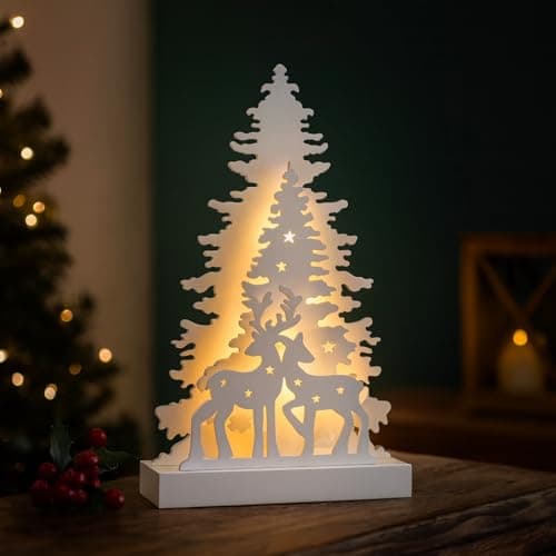 Image of Marco Paul White Wooden Pre-lit Reindeer Artificial Christmas Tree Scene Ornament – Large 33cm LED Light-Up Christmas Decoration Battery-Operated Candle Bridge with timer for Table Top Decor