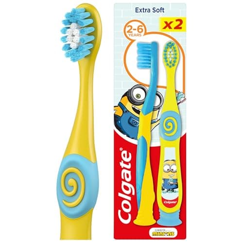 Image of Colgate Kids Minions or Trolls Toothbrush 2 - 6 years - kids toothbrush - extra soft bristles - small toothbrush head - soft tongue cleaner - rounder handle and thumb rest - suction cup