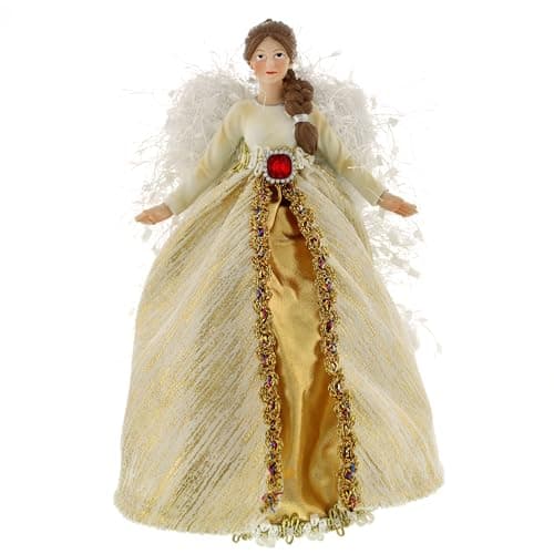 Image of Festive Productions Christmas Tree Topper – 20 cm Gold Angel with White Fluffy Wings – Elegant Traditional Angel Tree Decoration