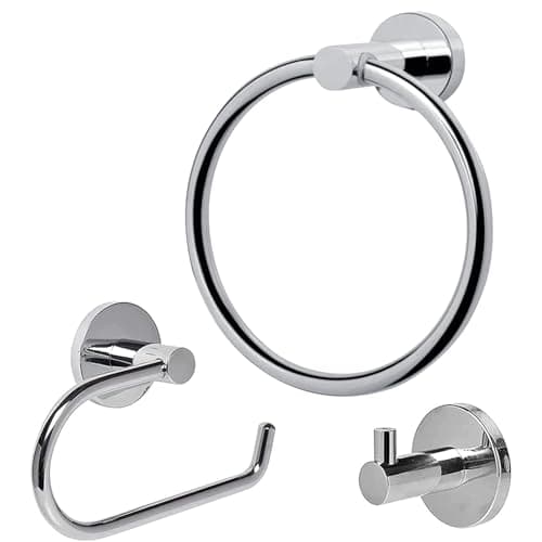 Image of Toilet Roll Holder Set, 3 Pieces Wall Mounted Bathroom Accessory include Chrome Toilet Paper Holder + Stainless Steel Towel Ring + Coat Hooks, Modern Bathroom Hardware Mirror Polished, Silver