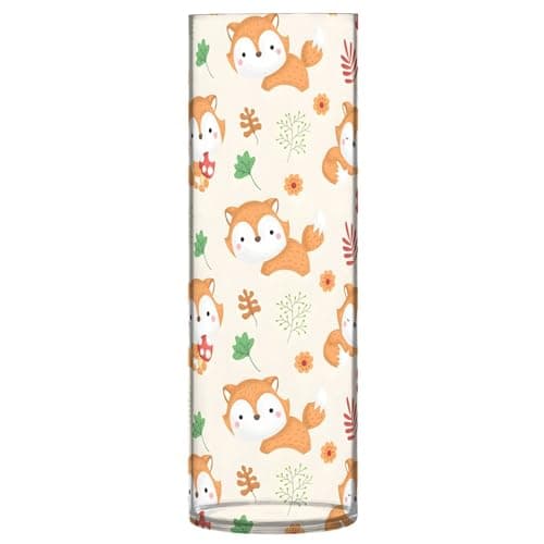 Image of Cute Foxes Cream Round Flower Vase Cute Cylinder Centerpiece Vases for Table Floral Home Decor Aesthetic, 11.8" x 3.9"