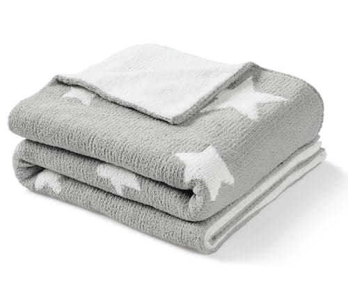 Image of CREVENT 75X100cm Cozy Soft Warm Chenille Baby Blanket for Girls Boys, Newborn Essentials for Infant, Baby Shower Receiving Gift - Grey Star