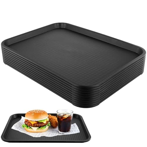 Image of LEXININ 10PCS 41 x 30cm Black Plastic Fast Food Tray, 12 x 16 Inch Rectangular Serving Drink Trays for Cafeteria Restaurant Fast Food