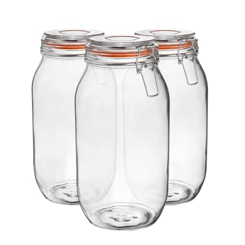 Image of Argon Tableware Glass Jar with Airtight Metal Clip Lid - 2000ml/70.3oz - 3 Pack - 4 Colour Seals - Extra Large Storage Container Round Preserving Jar for Pickling, Chutney, Jam, Coffee, Biscuit