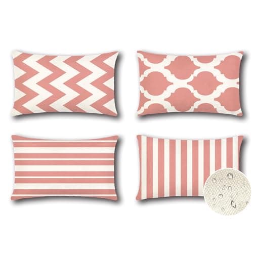 Image of Artscope Set of 4 Waterproof Striped Cushion Covers 40x60cm Farmhouse Geometric Square Pillow Cases for Couch Patio Furniture Balcony Garden Outdoor Decoration（Geometry70-Pink）