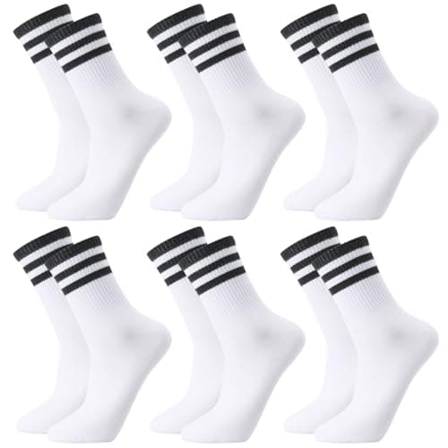 Image of Zuimei 6 Pairs Men Socks, Breathable White Striped Crew Socks Athletic Sports Casual Socks, Cotton Liners Sock Multipack For Men And Women UK 6-9