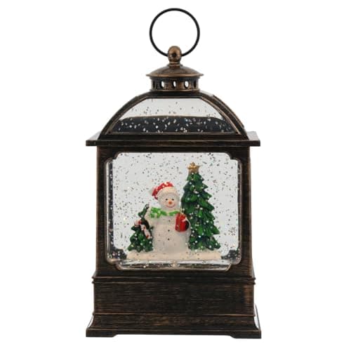 Image of Mr Crimbo Christmas LED Water Spinner Lantern – Antique Gold Snowman Scene with Tree & Gifts, Swirling Glitter Snow Globe Effect, Warm White Light, Battery or Mains Operated