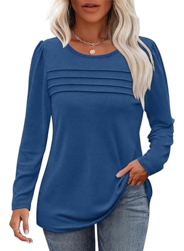 Image of Aokosor Long Sleeve Tops For Women Sweatshirts For Women Uk Dressy Casual Blouses Trendy Pleated Ladies Tunic Tops Plus Size 18-20 Blue XL