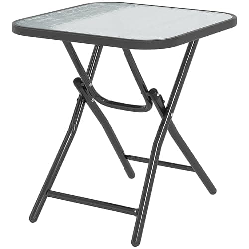 Image of Outsunny Foldable Garden Table, Square Folding Table with Glass Tabletop and Safety Buckle for Patio, Garden, Outdoor, Indoor, Black
