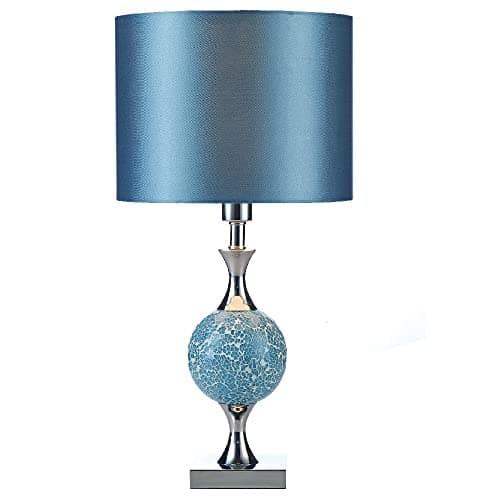 Image of Polished Chrome & Blue Mosaic Glass Sphere Vintage Table Lamp with Faux Silk Drum Shade | 50cm Height | 1 x ES E27 Lamp Bulb Required | UK Approved | in-Line On Off Switch
