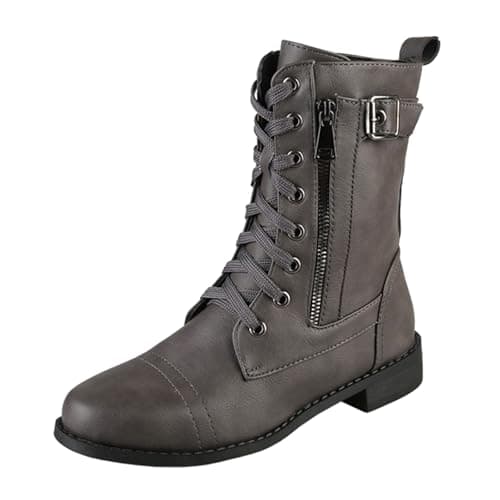 Image of White Boots Women Waterproof Ladies Walking Ankle Boots Motorcycle Work Lace Up Womens Black Platform Leather Walking Motorbike Booties