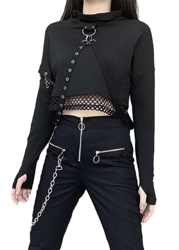 Image of XKBHYD Womens Gothic Crop Hoodie Punk Grunge Long Sleeve Tops Alt Mall Goth Sweatshirt Y2K Emo Mesh Shirt Black