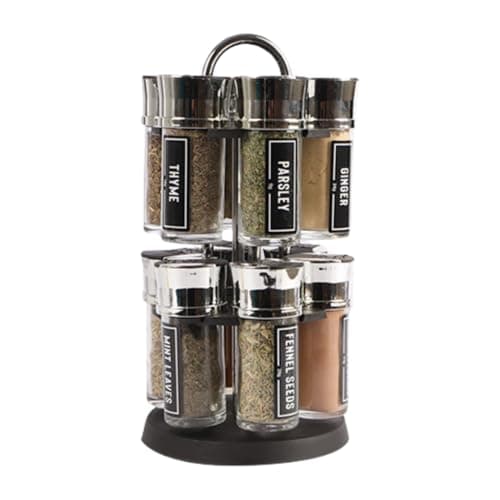 Image of FabFinds Rotating Spice Rack Organiser with 12 Pre-Filled Glass Spice Jars Free Standing Carousel Spice Holder 360° Revolving Herbs & Spices Stand with Carry Handle