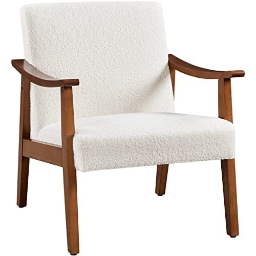 Image of Yaheetech Armchair Boucle Fabric Accent Chair Retro Lounge Chair with Rubber Wood Legs Comfy Seat/Backrest for Living Room Bedroom Dining Room Ivory