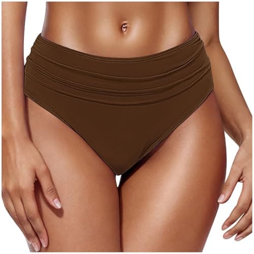 Image of Women's Swim Bottom Solid Color High Waist Retro Basic Full Coverage Bikini Tankini Swimsuit Briefs Waist Length Pleated Beach Triangle Swim Trunks Bikini Bottoms Bathing Suit