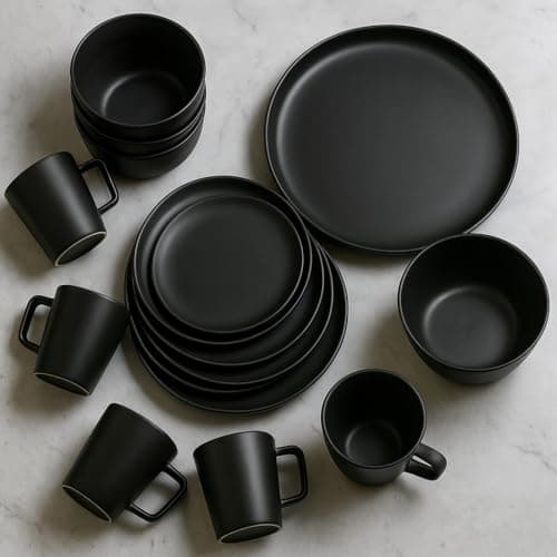 Image of Black Stoneware Dinner Set 16-Piece, Rustic Black Dinnerware, Banquet Event Serving, Warm Inviting Dining Atmosphere, 8 Plates, 4 Mug Cups 380ml, 4 Bowls