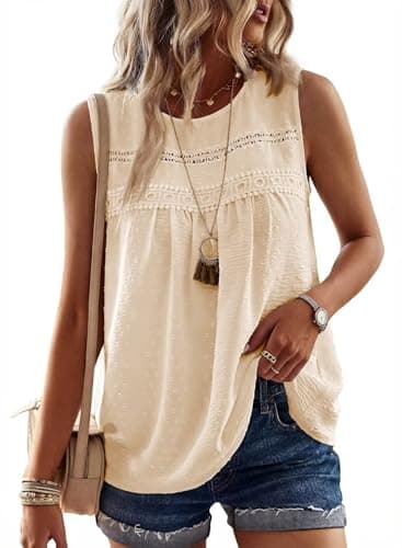 Image of TUUHAW Boho Vest Tops Women UK Cute Lace Blouse Solid Bohemian Swiss Dot Pullover Flowy Crew Neck Tank Top Chiffon Tunic Sleeveless Ruffle Girls Bardot Smocked Pleated Loose Fit Bubble Hem Apricot L