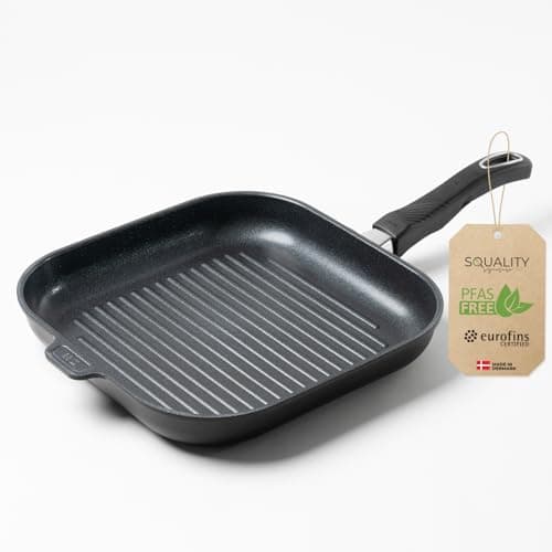 Image of Squality Premium Grill Pan Induction 28 x 28 cm - PFAS-Free Non-Stick Pan from Denmark | Oven Safe up to 260 °C, Suitable for Induction Cookers, Ergonomic, for Healthy Cooking Without Harmful