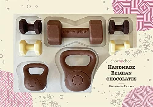 Image of Choc On Choc Chocolate Workout Gift Set - 8 Handmade Belgian Chocolate Dumbbells & Kettlebells - Fun Fitness-Themed Gift for Gym Lovers - Dark, Milk, & White Chocolate (155g)