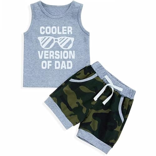 Image of BOVOSHA Baby Boy Clothes Kids Summer Outfits Toddler Letter Print Tank Top + Camouflage Shorts Set (Grey, 18-24M)