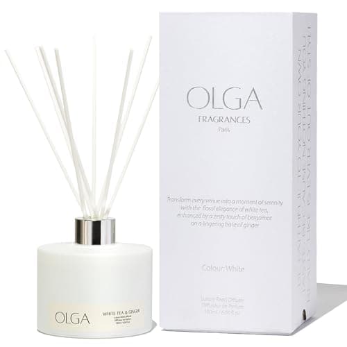 Image of OLGA Reed Diffuser - Limited Edition - 180ml White Tea & Ginger Reed Diffusers for Home with 8 Premium Diffuser Sticks - Large Room Strong Fragrance Aromatherapy Gift Set - Up to 90 Days