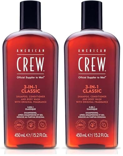 Image of REVLON PROFESSIONAL American Crew 3-In-1 Shampoo, Conditioner & Body Wash with Long Lasting Scent to Cleanse & Condition Hair Styling & Skincare for Men 450 ml (Pack of 2) transparent