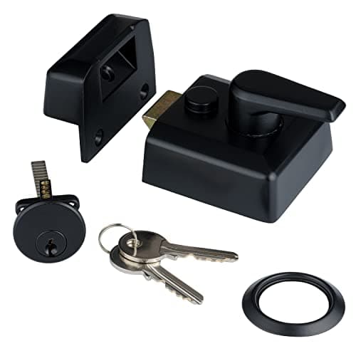 Image of XFORT 40mm Matt Black Night Latch Narrow Complete with Rim Cylinder, Lock Case, Two Keys and Trim Ring, Door Lock Provides Increased Home Security, for Front Door Lock.