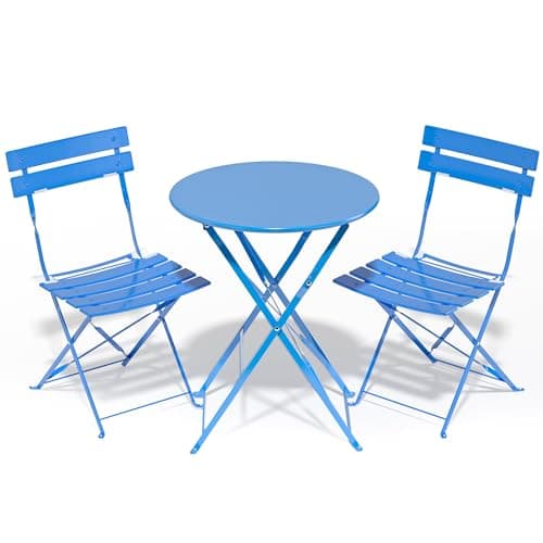 Image of RELAX FIELD Folding Bistro Table and Chairs Set of 2, Balcony Furniture, Outdoor Garden Bistro Set for 2, Small Garden Furniture Set 3 Piece, Blue