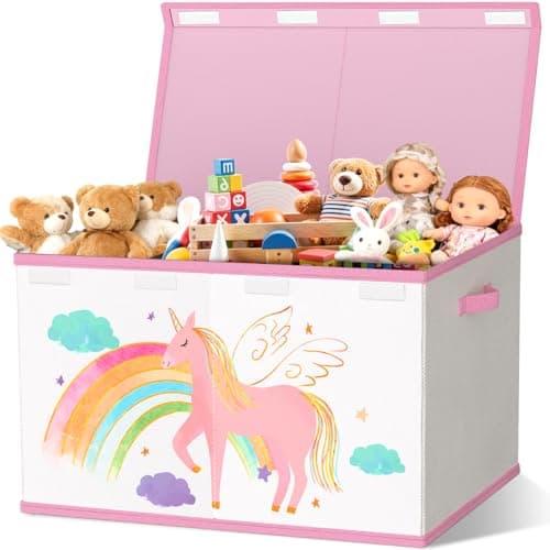 Image of VERONLY Toy Storage Box with Lids for Girls Boys - Fabric Large Kids Toy Chest Container, Foldable Basket Organiser with 2 handles for Toys,Books,Blankets,Clothes (Beige&Pink)