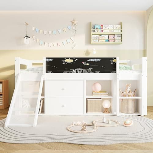 Image of Merax 3ft Single Wooden Mid Sleeper Bed with Slide & Blackboard, 2 Drawers, Storage Shelves, Customisable Ladder, Space-Saving Loft Bed, White (No Mattress)