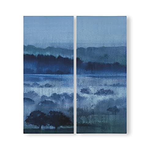 Image of Art For The Home Hazy Fields Set of 2 Printed Canvas - Blue Ombre tones wall art - Serene misty morning landscape design - Feature design - Cover for small cracks and imperfections