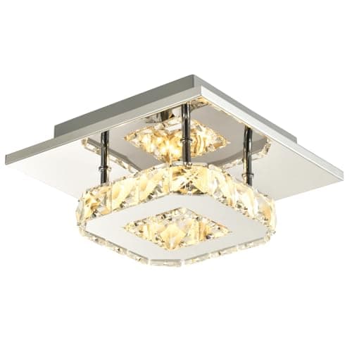 Image of Happy Homewares Modern LED Ceiling Light with Chrome Square Metal and Clear Crystal Glass Beads | 9cm x 22cm | 12w 497 Lumens Warm White LED | IP20 Double Insulated