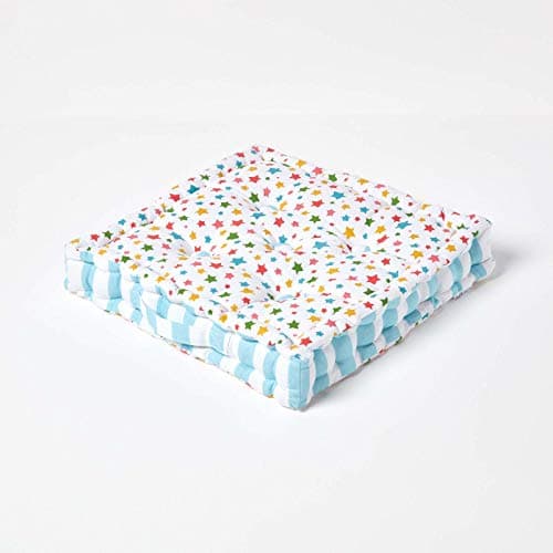 Image of HOMESCAPES - Star Multi - 100% Cotton - Floor Cushion - Blue Orange White - 40 x 40 x 8 cm Square - Indoor - Garden - Dining Chair Booster - Seat Pad Cushion
