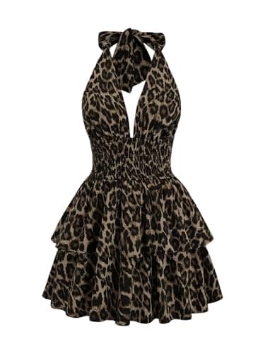 Image of GORGLITTER Women's Leopard Print Dress Halter Neck Summer Going Out Swing Mini Dress V Neck Tie Backless Ruffle A Line Vacation Dresses Brown and Black M
