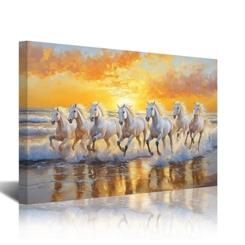 Image of CXHOSTENT 7 Horses Painting Seven Running Horses Wall Art Canvas Print White Stallions in Sunset Waves Picture Large Animal Artwork Bedroom Decor Framed Easy to Hang (White, 12L x 18W)