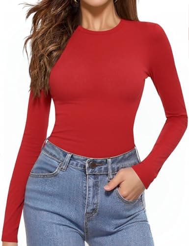 Image of Aottori Round Neck Tops Womens Long Sleeve Tops Lightweight Thermal Underwear Slim Fitted Base Layer Shirts Casual Solid Basic Pullover Red S