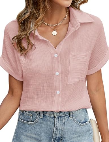 Image of Niwicee Womens Blouse Summer Cotton Shirts Casual V Neck Short Sleeve Tops Elegant Solid Color Button Down Basic Loose Tunic T Shirts Tops with Pocket(Pink,M)
