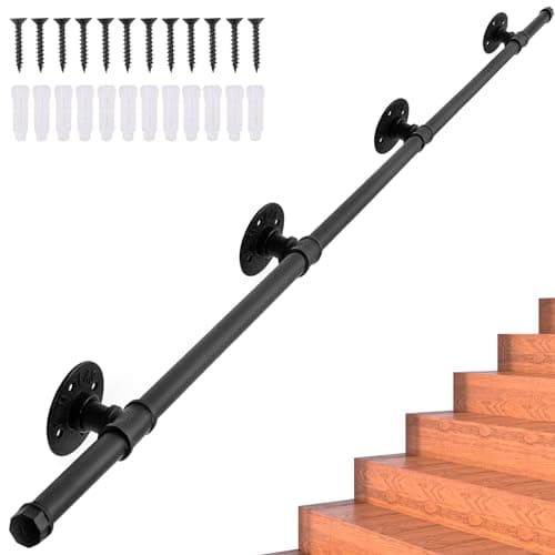 Image of Handrail for Stairs 3M Magtctyae Black Metal Stairs Handrail Bannister Rail for Stairs Industrial Pipe Outdoor Handrail Stair Hand Rails with Fittings Wall Mount