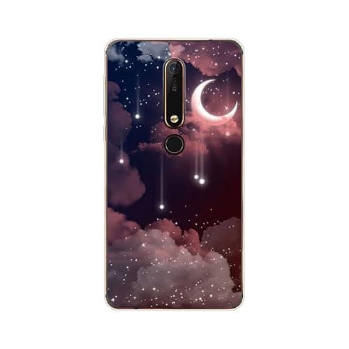 Image of KARTXITAI Case compatible with Nokia 6.1/Nokia 6 VERSION 2018,Shockproof Slim Thin Silicone Protective Anti-Fingerprint Anti-Scratch Anti-Fall phone cover - Stars moon clouds sky