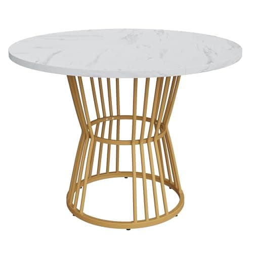 Image of Merax Round Marble Dining Table – 100cm Modern Kitchen Table with Gold Metal Legs, Marble Effect MDF Top, Compact Breakfast Table for Dining Room, Living Room, Restaurant - White