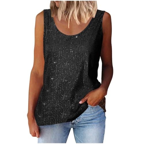 Image of AnnSemo Women's Sequin Tops Elegant Sleeveless Glitter Camisole Vest v Neck Tank Tops with Wide Strap camitops Sexy Sparkly Shimmer top Summer Daily Club Wedding Party for Night Out