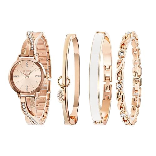 Image of TIME100 Women's Bangle Watch and Rose Gold Watch Chain Bracelets Premium Crystal Accented Bracelet Set