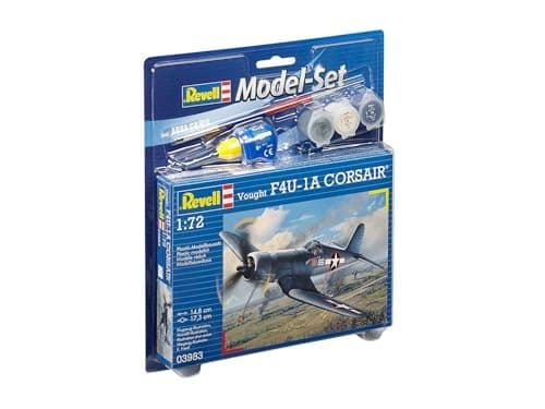 Image of Revell Model Set 63983 Vought F4U-1D Corsair 1:72 Scale Unbuilt/Unpainted Plastic Model Kit with Contacta Professional Glue, Paintbrush & Selected Aqua Color Paints
