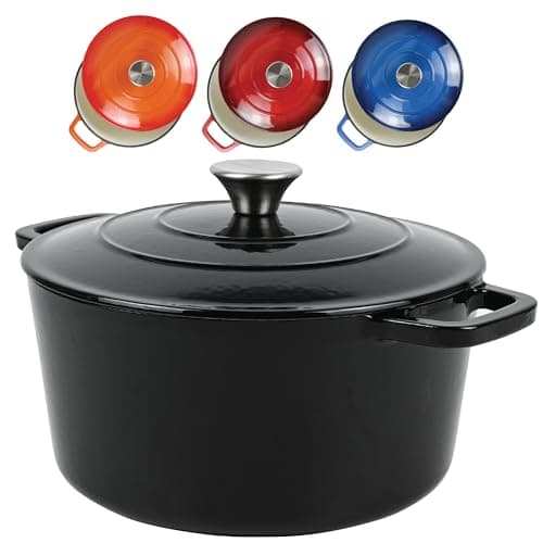 Image of ANDREW JAMES Cast Iron 5L Round Casserole Dish with Lid – Enamel Coated Dutch Oven for Bread Baking, Stews, Roasting & Braising – Oven Proof Cast Iron Pan, No Seasoning Required (Black)