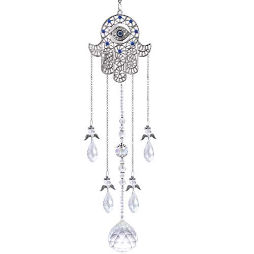 Image of 19inch Hanging Crystal Blue Evil Eye Protection Pendant Hamsa Hand Suncatcher Angel Wing Decor for Christmas Tree Prism Sun Catchers Indoor Window Decoration Charm