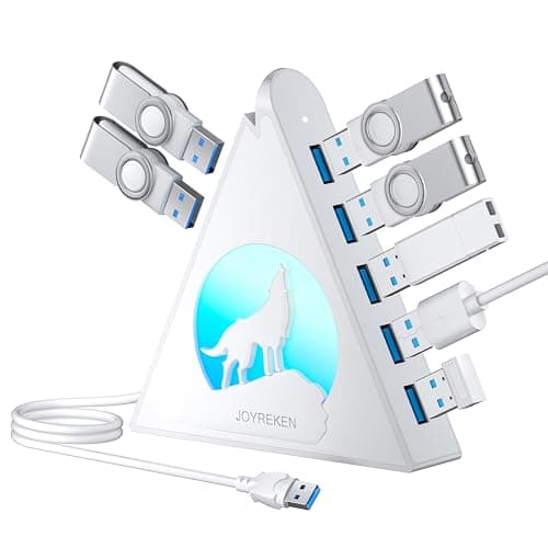Image of 7 Port USB Hub, JoyReken USB 3.0 Hub with 2 FT Long Cable, Vertical USB Extension Hub for Laptop, MacBook, Flash Drive, XPS, PC, Flash Drive, Game Console, Printer, Camera,Keyborad, Mouse (White)