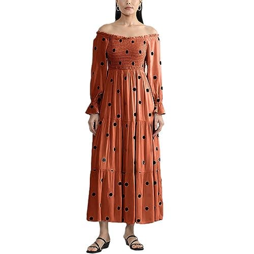 Image of SANSIWU Women’s Flower Embroidered Maxi Dress Long Puff Sleeve Square Neck Bohemian Tiered Flowy Dress A Line Casual Beach Dress (B-Brown, XL)